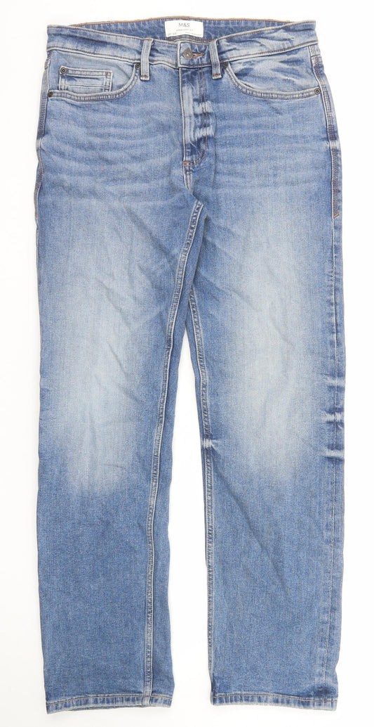 Marks and Spencer Mens Blue Cotton Straight Jeans Size 32 in L33 in Regular Zip - Long Leg