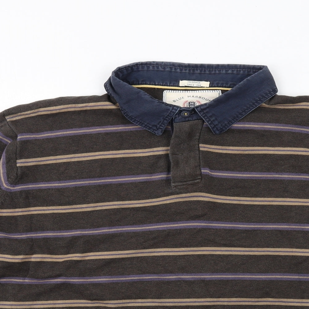 Blue Harbour Mens Brown Striped Cotton Polo Size L Collared Button