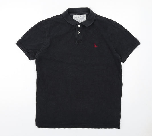 Jack Wills Mens Black Cotton Polo Size M Collared Button
