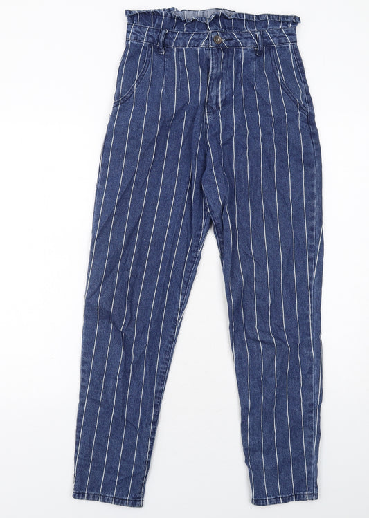 Laulia Womens Blue Striped Cotton Tapered Jeans Size 8 Regular Zip - Paperbag Waist