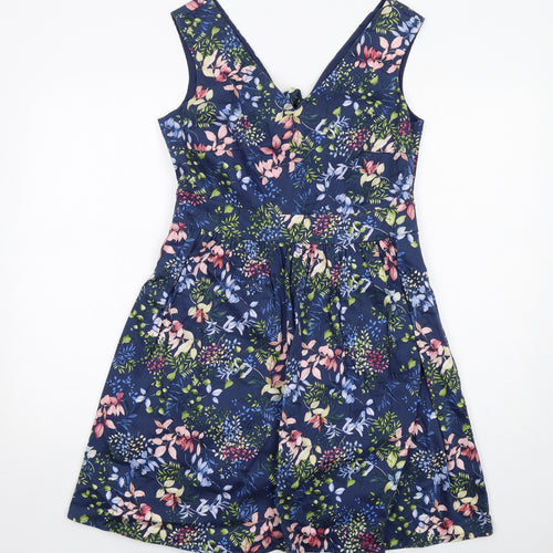 Esprit Womens Blue Floral Cotton Tank Dress Size 14 V-Neck Zip