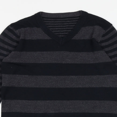 Marks and Spencer Boys Black V-Neck Striped Acrylic Pullover Jumper Size 13-14 Years Pullover