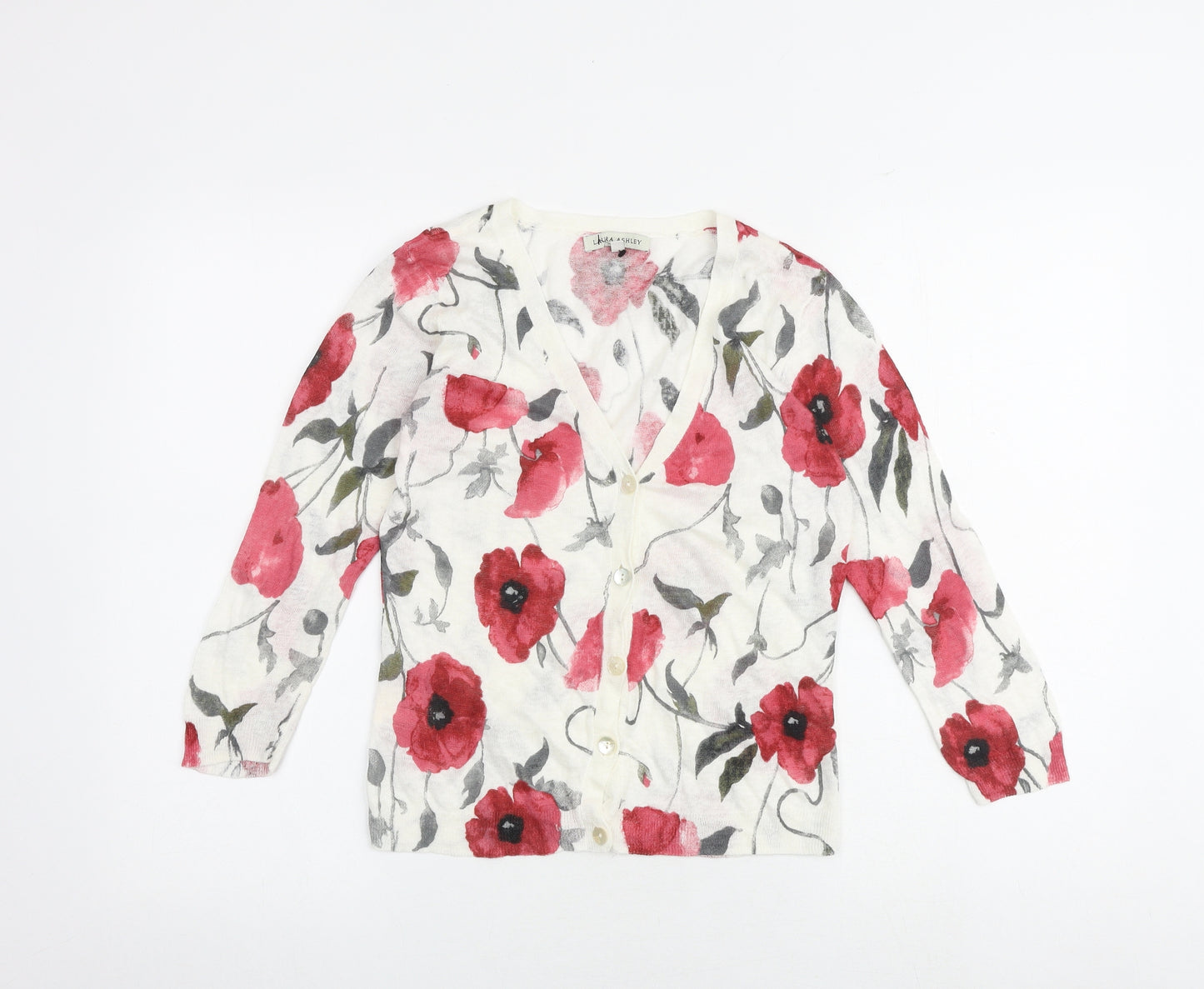 Laura Ashley Womens Multicoloured V-Neck Floral Linen Cardigan Jumper Size 10