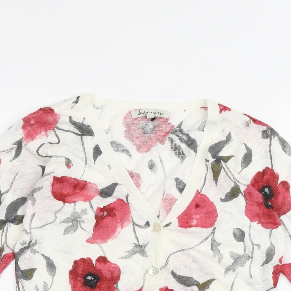 Laura Ashley Womens Multicoloured V-Neck Floral Linen Cardigan Jumper Size 10