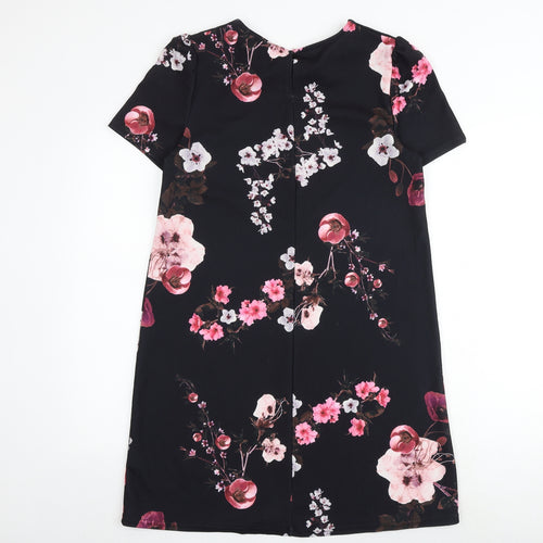 Dorothy Perkins Womens Black Floral Polyester Shift Size 14 Round Neck Button