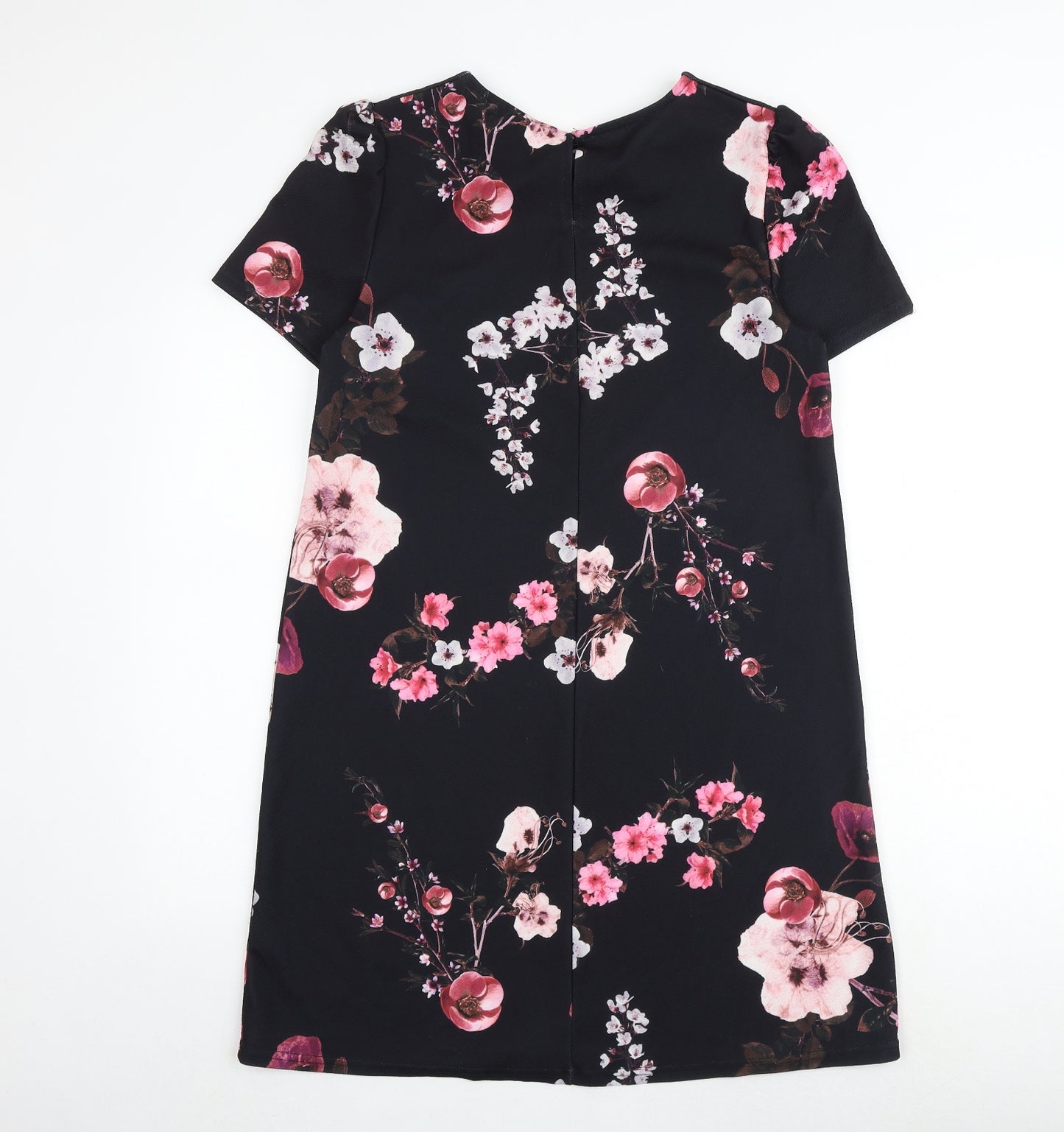Dorothy Perkins Womens Black Floral Polyester Shift Size 14 Round Neck Button