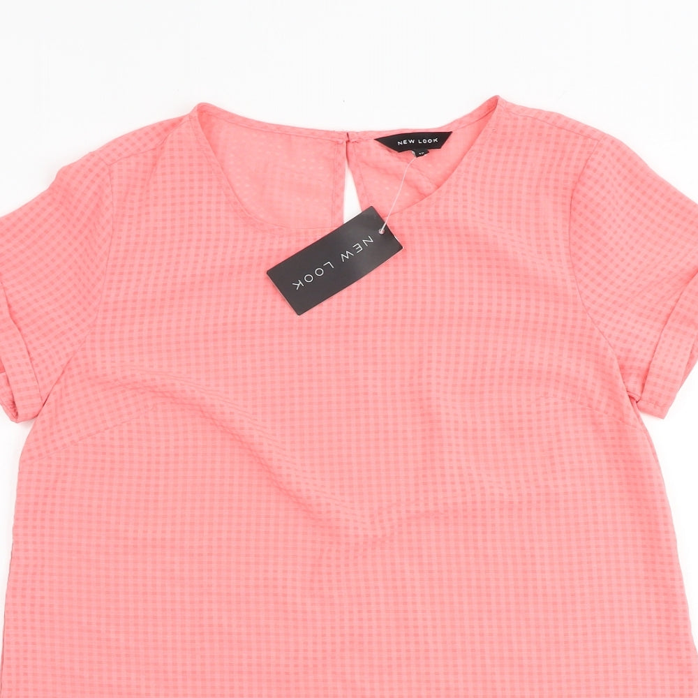 New Look Womens Pink Check Polyester Basic Blouse Size 12 Round Neck