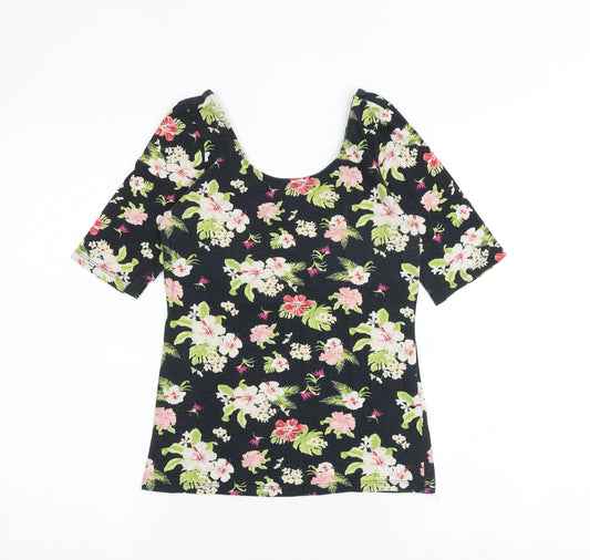 H&M Womens Black Floral 100% Cotton Basic T-Shirt Size S Scoop Neck