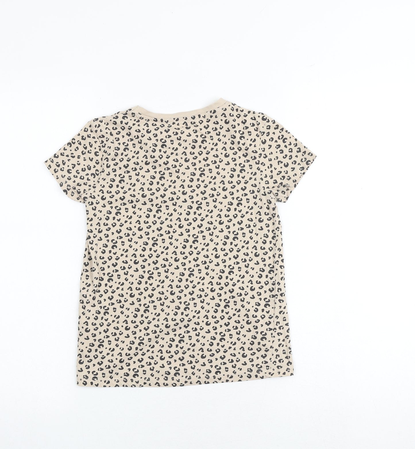 H&M Girls Beige Animal Print 100% Cotton Basic T-Shirt Size 9-10 Years Round Neck Pullover - Leopard Print