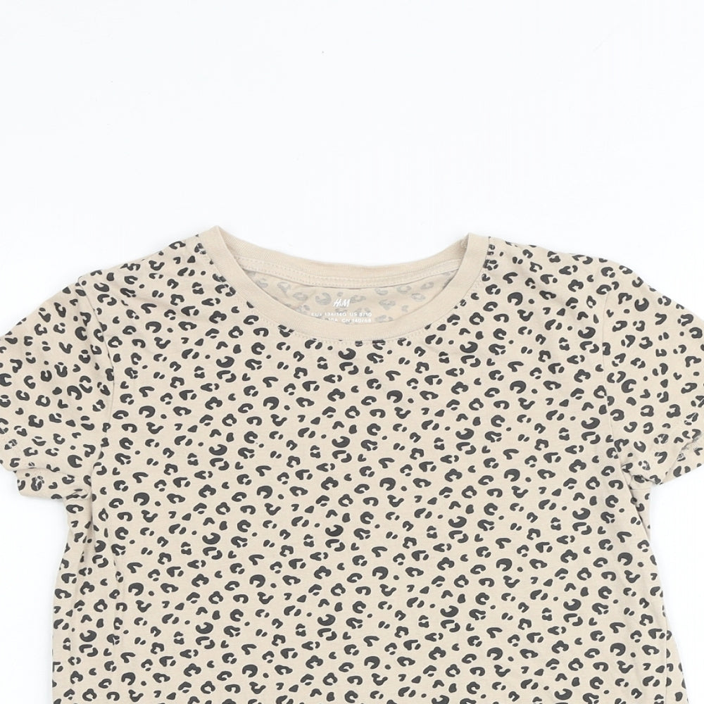 H&M Girls Beige Animal Print 100% Cotton Basic T-Shirt Size 9-10 Years Round Neck Pullover - Leopard Print