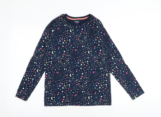 Marks and Spencer Girls Multicoloured Geometric 100% Cotton Basic T-Shirt Size 13-14 Years Round Neck Pullover - Stars and Moon Print