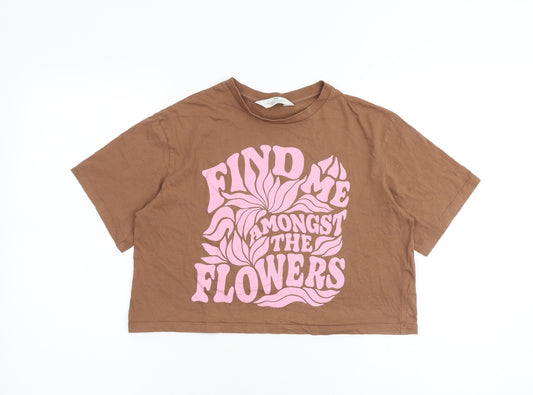H&M Girls Brown 100% Cotton Cropped T-Shirt Size 12-13 Years Round Neck Pullover - Find Me Amongst The Flowers