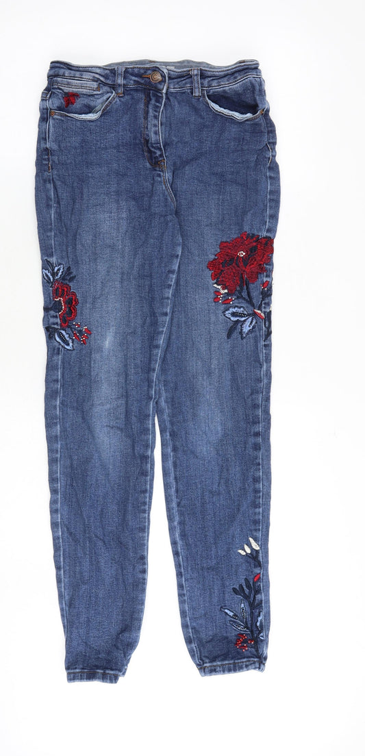 Marks and Spencer Womens Blue Cotton Skinny Jeans Size 10 Regular Zip - Flower