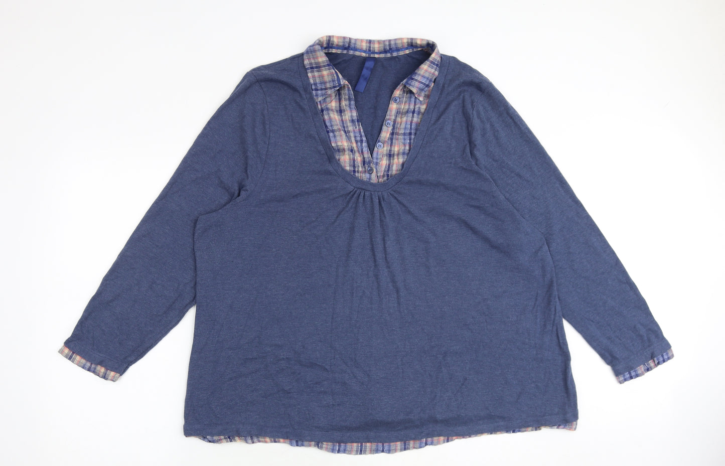 Evans Womens Blue Plaid Cotton Basic Blouse Size 26 Boat Neck - Size 26-28