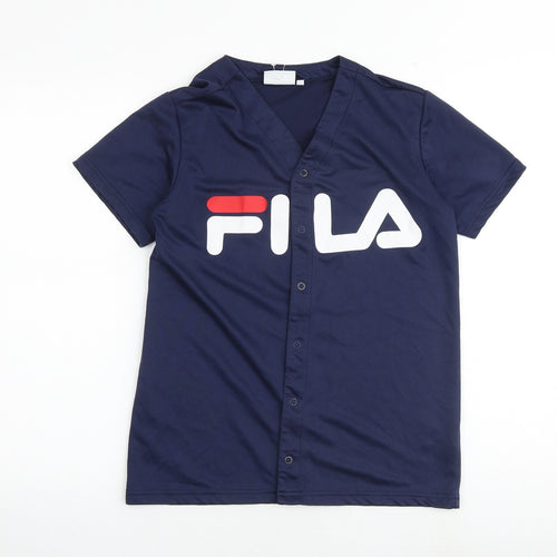 FILA Womens Blue Polyester Basic Button-Up Size 6 V-Neck