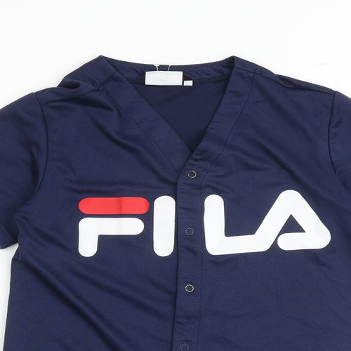 FILA Womens Blue Polyester Basic Button-Up Size 6 V-Neck