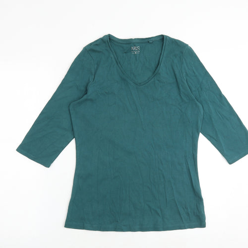 Marks and Spencer Womens Green 100% Cotton Basic T-Shirt Size 16 V-Neck