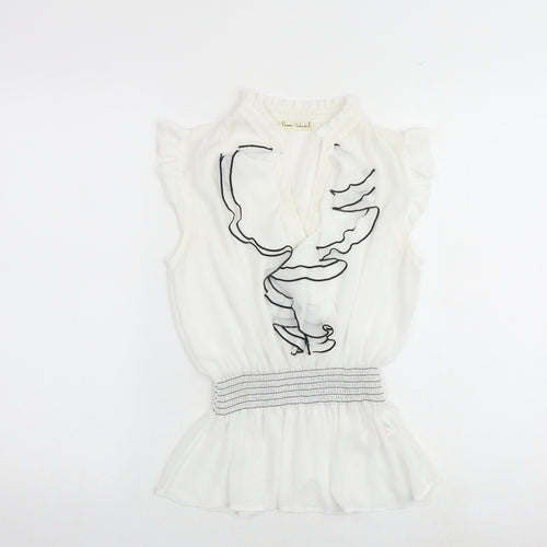 River Island Womens White Polyester Basic Blouse Size 8 V-Neck - Shirred Waist