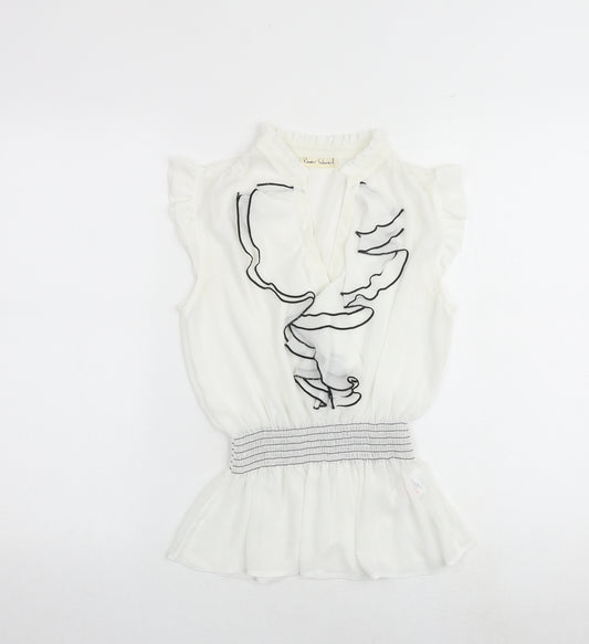 River Island Womens White Polyester Basic Blouse Size 8 V-Neck - Shirred Waist