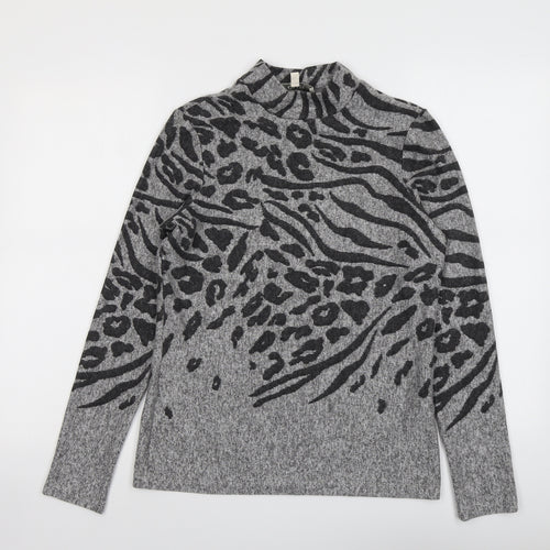 Oasis Womens Grey Mock Neck Animal Print Viscose Pullover Jumper Size S - Leopard Tiger Pattern