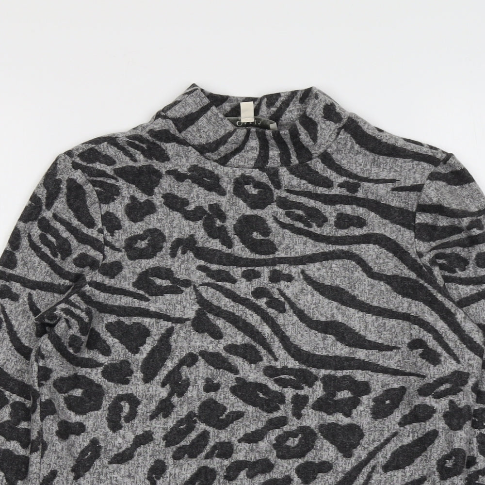 Oasis Womens Grey Mock Neck Animal Print Viscose Pullover Jumper Size S - Leopard Tiger Pattern