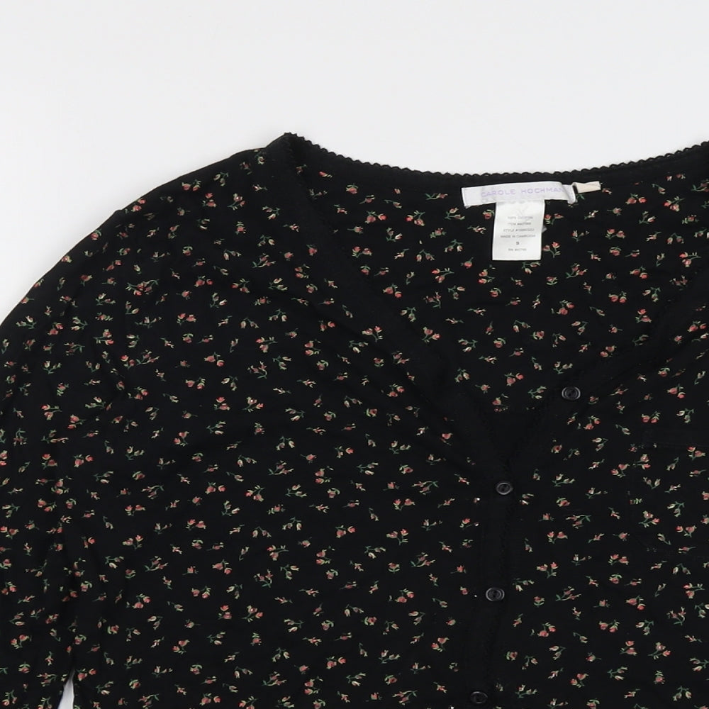 Carole Hochman Womens Black Floral Cotton Basic Button-Up Size S V-Neck