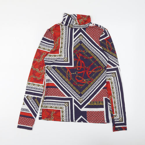 River Island Womens Multicoloured Geometric Viscose Basic T-Shirt Size 10 Roll Neck