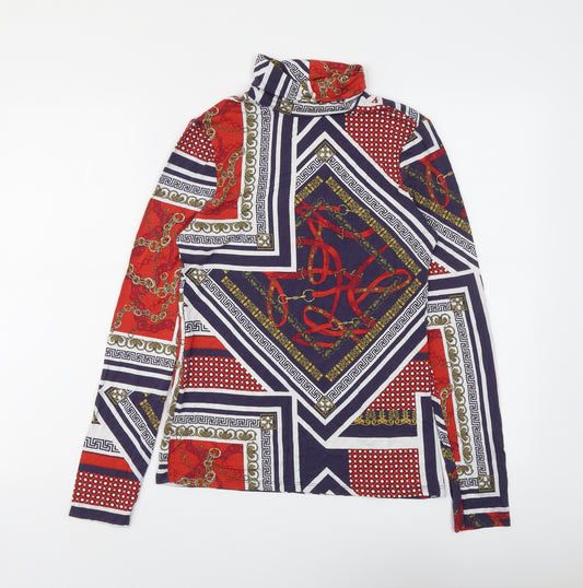 River Island Womens Multicoloured Geometric Viscose Basic T-Shirt Size 10 Roll Neck