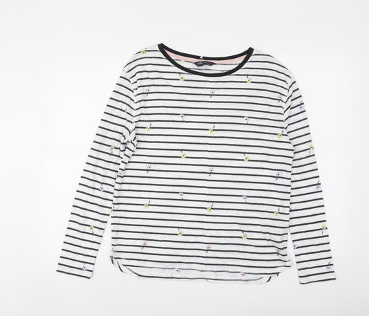 Marks and Spencer Womens White Striped Linen Basic T-Shirt Size 12 Round Neck - Flower