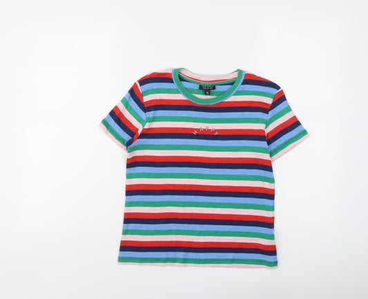 Topshop Womens Multicoloured Striped Cotton Basic T-Shirt Size 10 Round Neck - Happy