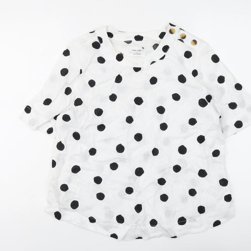 Marks and Spencer Womens White Polka Dot Linen Basic Blouse Size 10 Round Neck