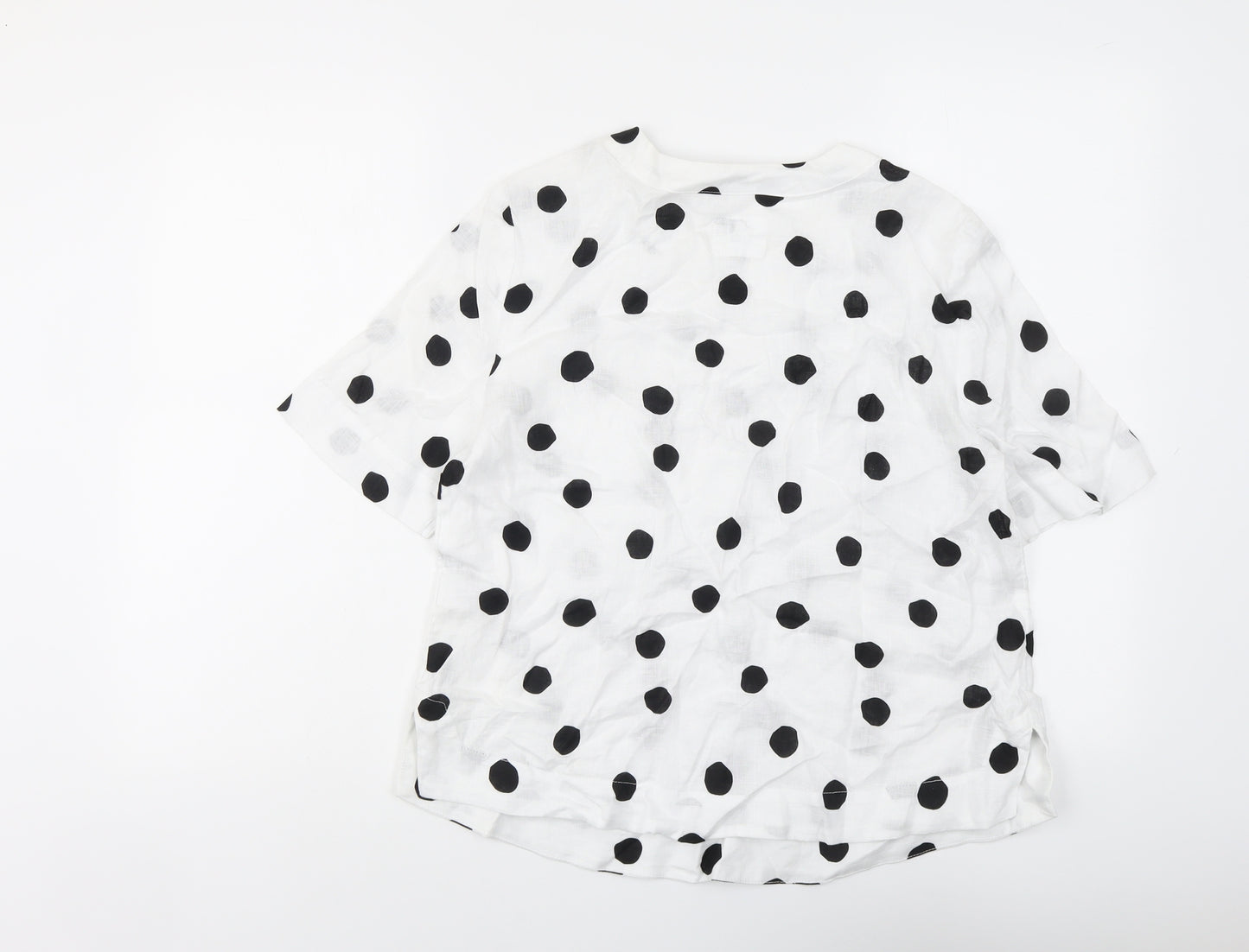 Marks and Spencer Womens White Polka Dot Linen Basic Blouse Size 10 Round Neck