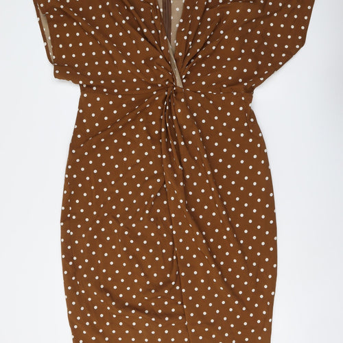 Boohoo Womens Brown Polka Dot Polyester A-Line Size 16 V-Neck Zip