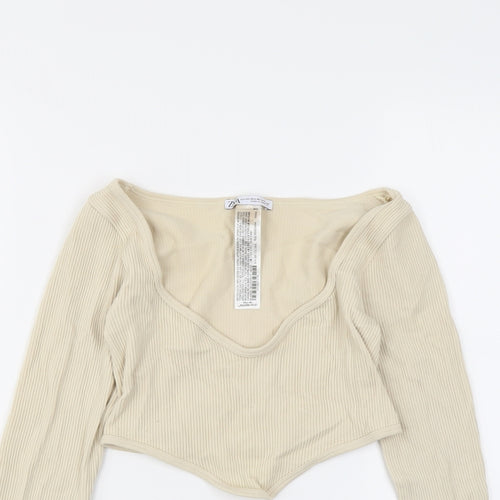 Zara Womens Beige Polyamide Cropped Blouse Size XS Scoop Neck - Ribbed