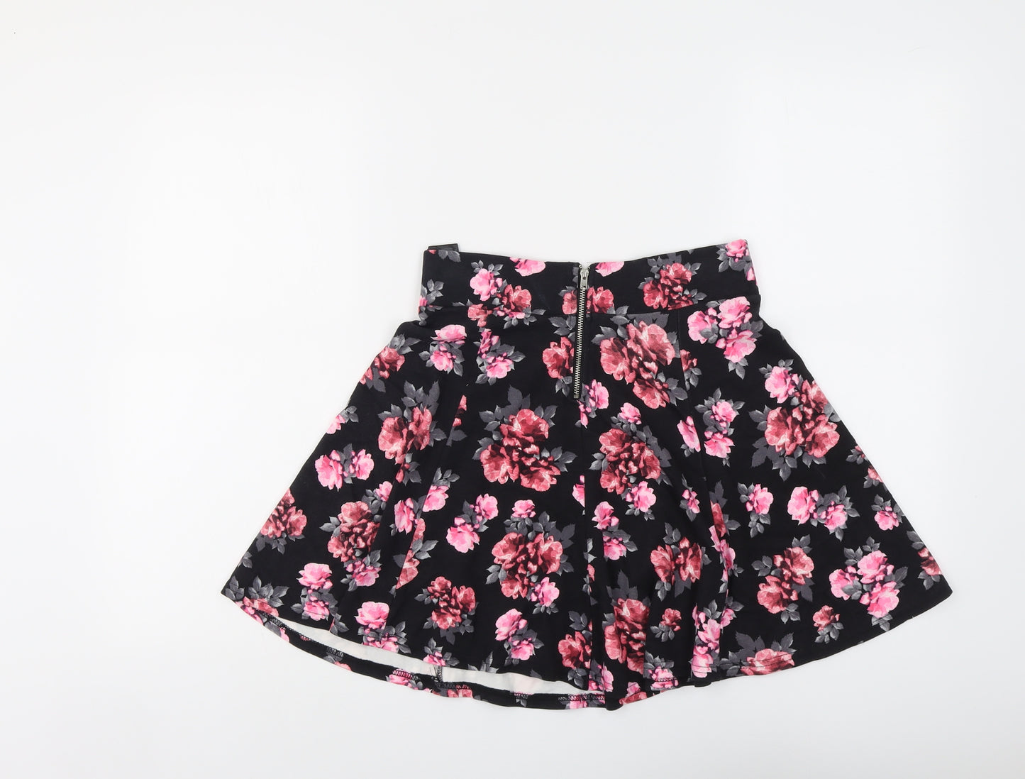 H&M Womens Black Floral Viscose Skater Skirt Size S Zip