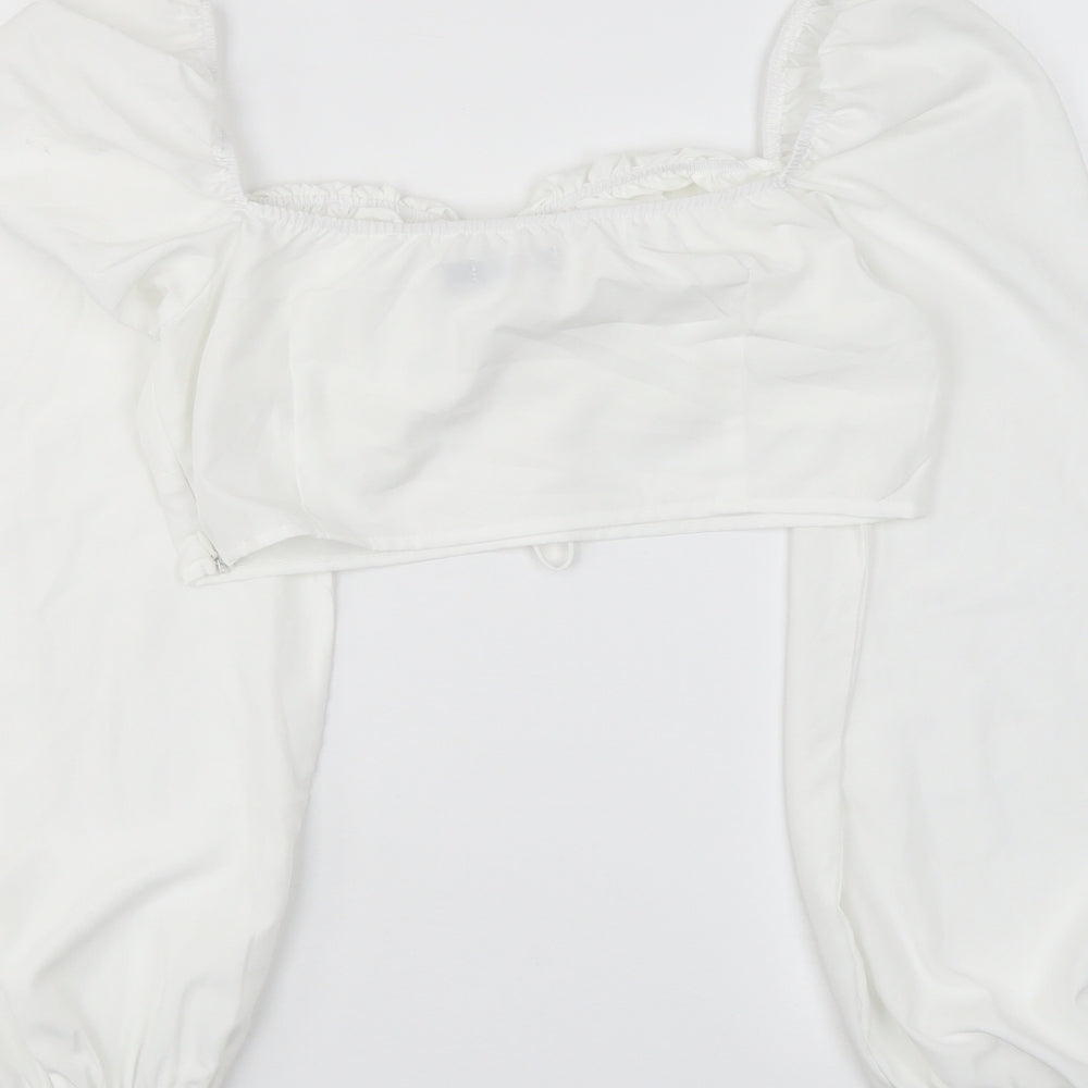 Boohoo Womens White Polyester Cropped Blouse Size 10 Square Neck - Puff Sleeve