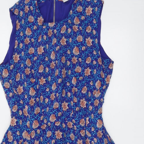 H&M Womens Blue Floral Polyester Bodycon Size 14 Round Neck Zip