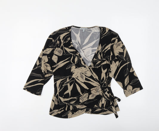 Reflections Womens Black Floral Polyester Wrap Blouse Size M V-Neck