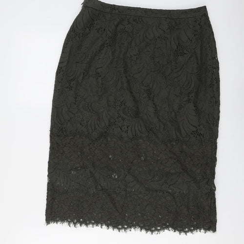 H&M Womens Green Floral Cotton A-Line Skirt Size 14 Zip