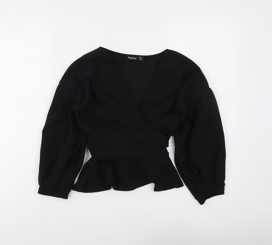 Boohoo Womens Black Polyester Basic Blouse Size 8 V-Neck - Wrap Style
