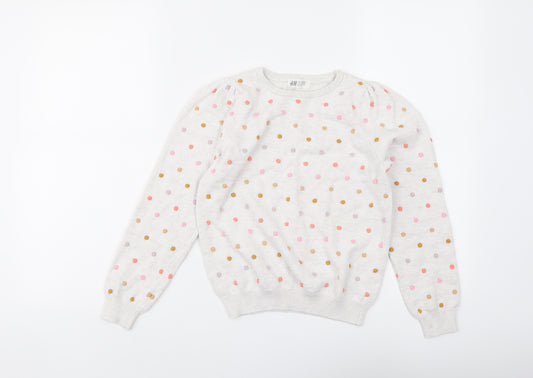 H&M Girls Grey Crew Neck Polka Dot Cotton Pullover Jumper Size 8-9 Years Pullover