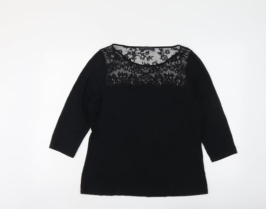 Marks and Spencer Womens Black Viscose Basic Blouse Size 16 Boat Neck - Lace Detail