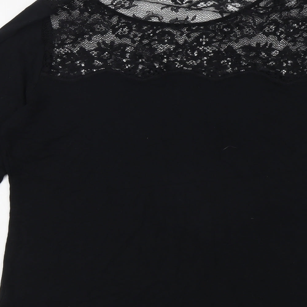 Marks and Spencer Womens Black Viscose Basic Blouse Size 16 Boat Neck - Lace Detail