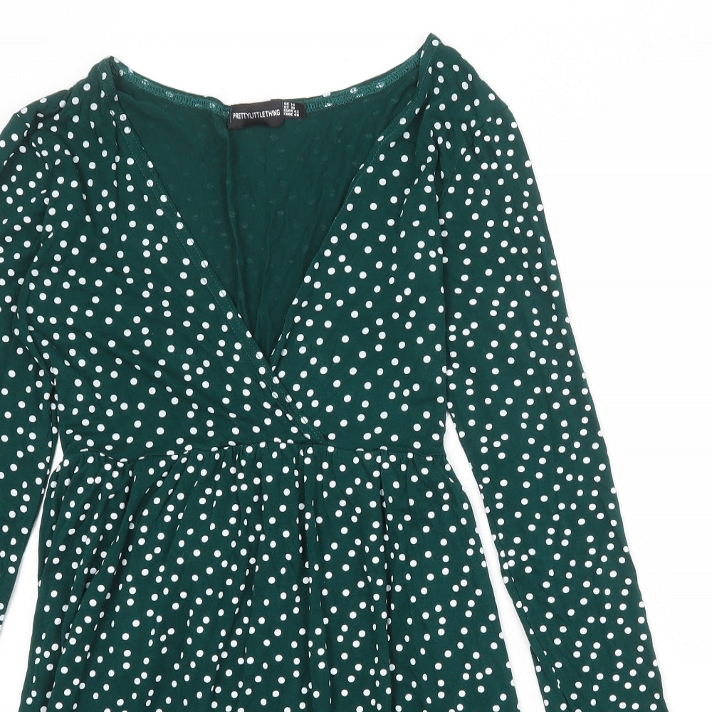 PRETTYLITTLETHING Womens Green Polka Dot Viscose A-Line Size 14 V-Neck Pullover