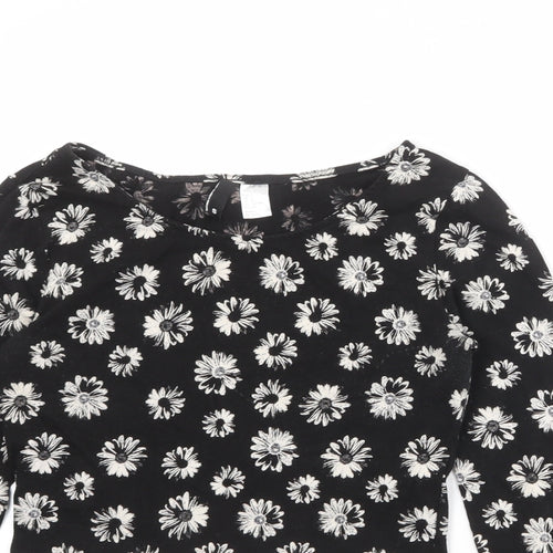 Divided by H&M Womens Black Floral Cotton Basic T-Shirt Size S Round Neck