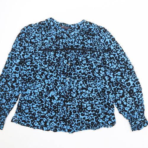 Marks and Spencer Womens Blue Floral Viscose Basic Button-Up Size 12 V-Neck