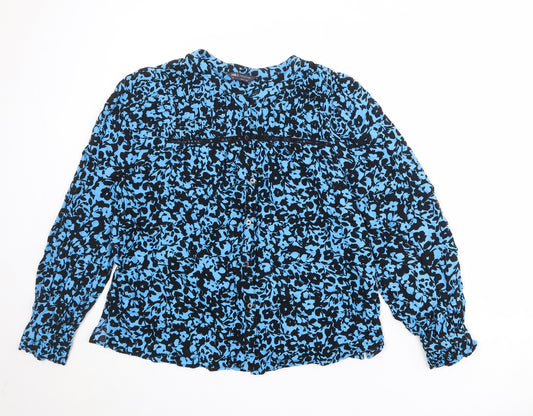 Marks and Spencer Womens Blue Floral Viscose Basic Button-Up Size 12 V-Neck
