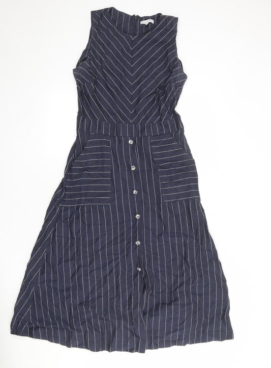Warehouse Womens Blue Striped Lyocell A-Line Size 12 Round Neck Button