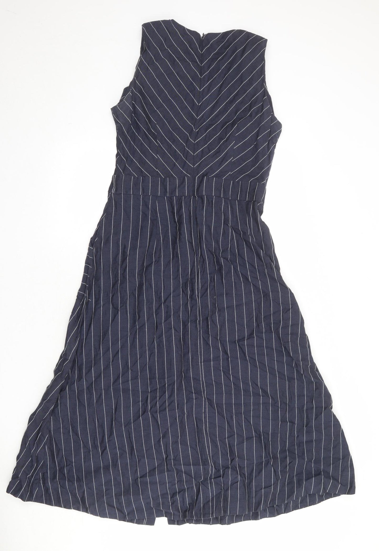 Warehouse Womens Blue Striped Lyocell A-Line Size 12 Round Neck Button