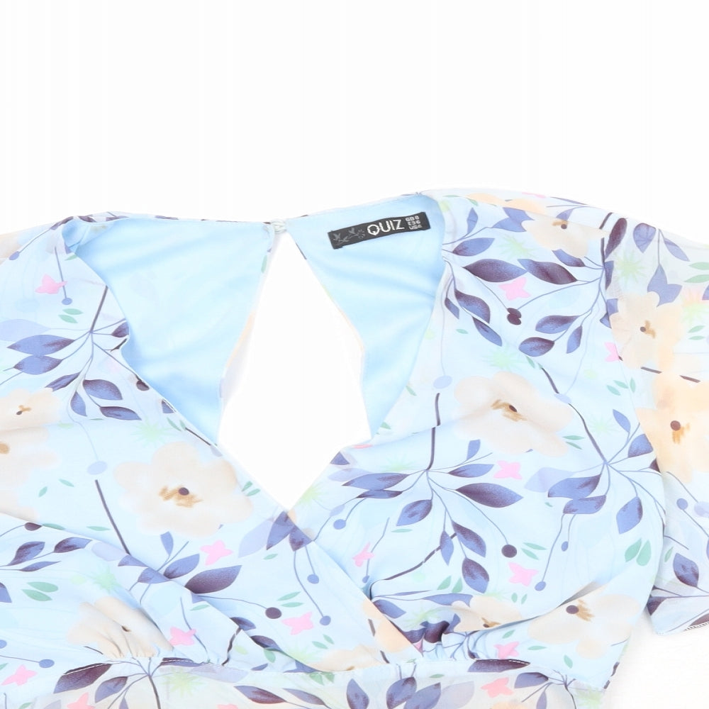 Quiz Womens Blue Floral Polyester Cropped Blouse Size 8 V-Neck - Tie Back Detail Wrap Front Detail